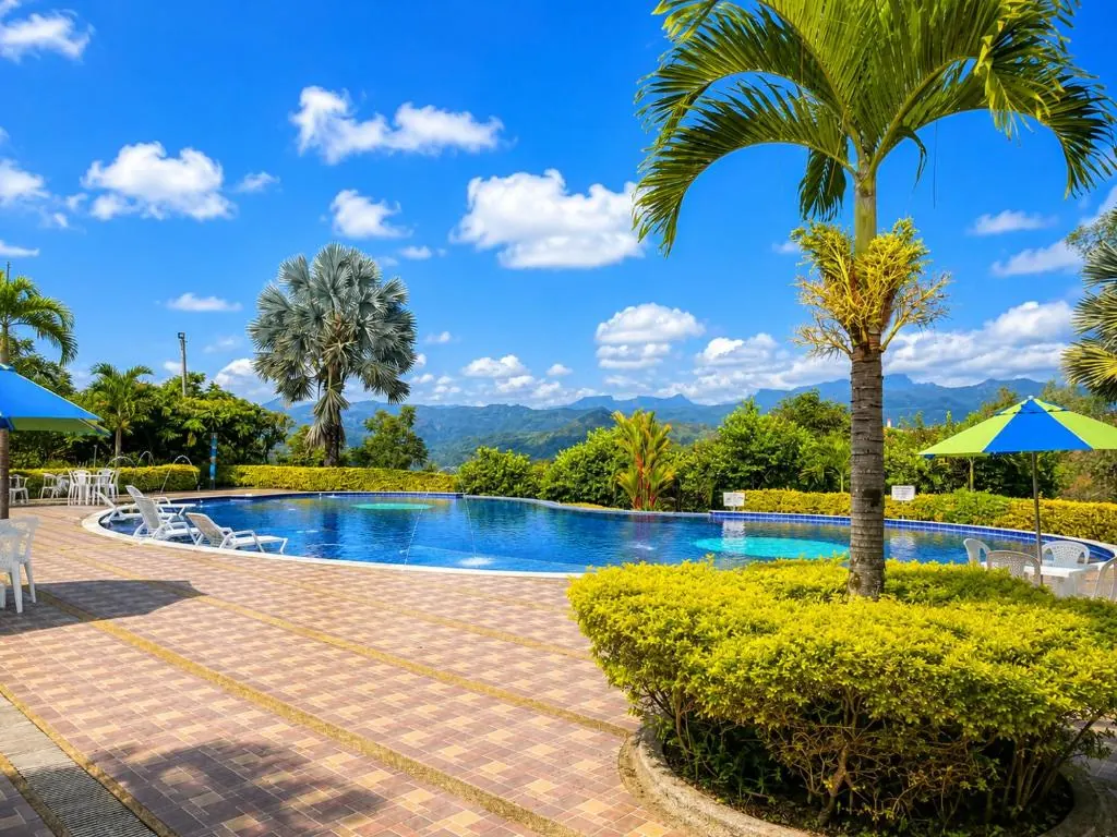 Piscina del Hotel Takuara con palmeras y sombrillas
