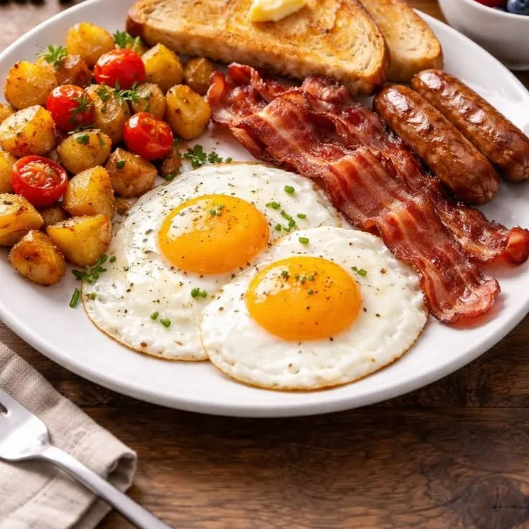 Desayuno completo con huevos, tostadas y café