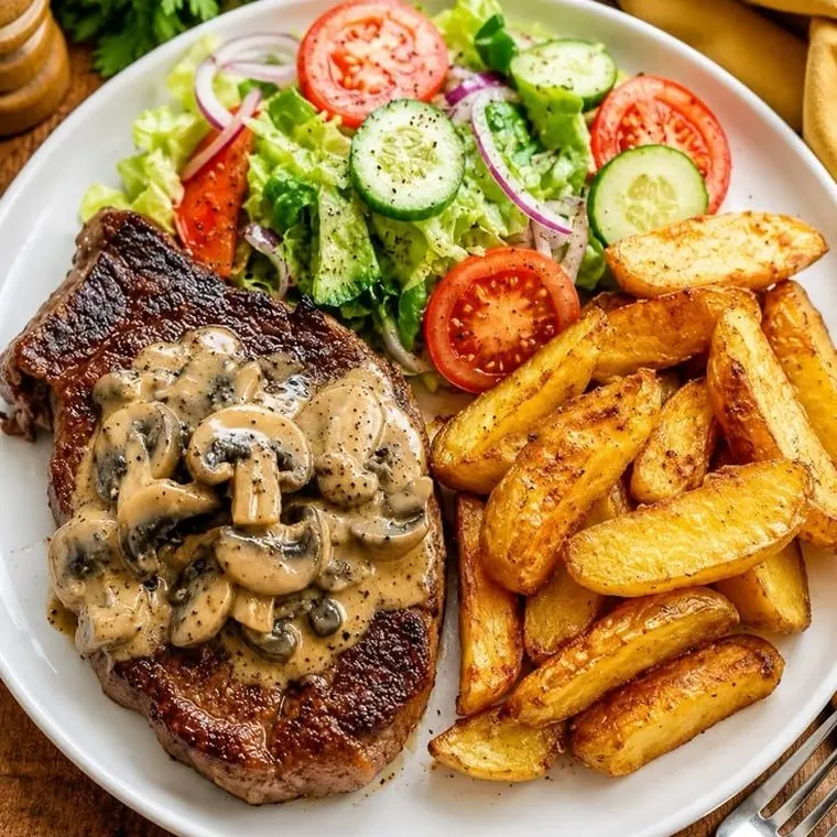 Lomo en salsa de champiñones con papas rústicas